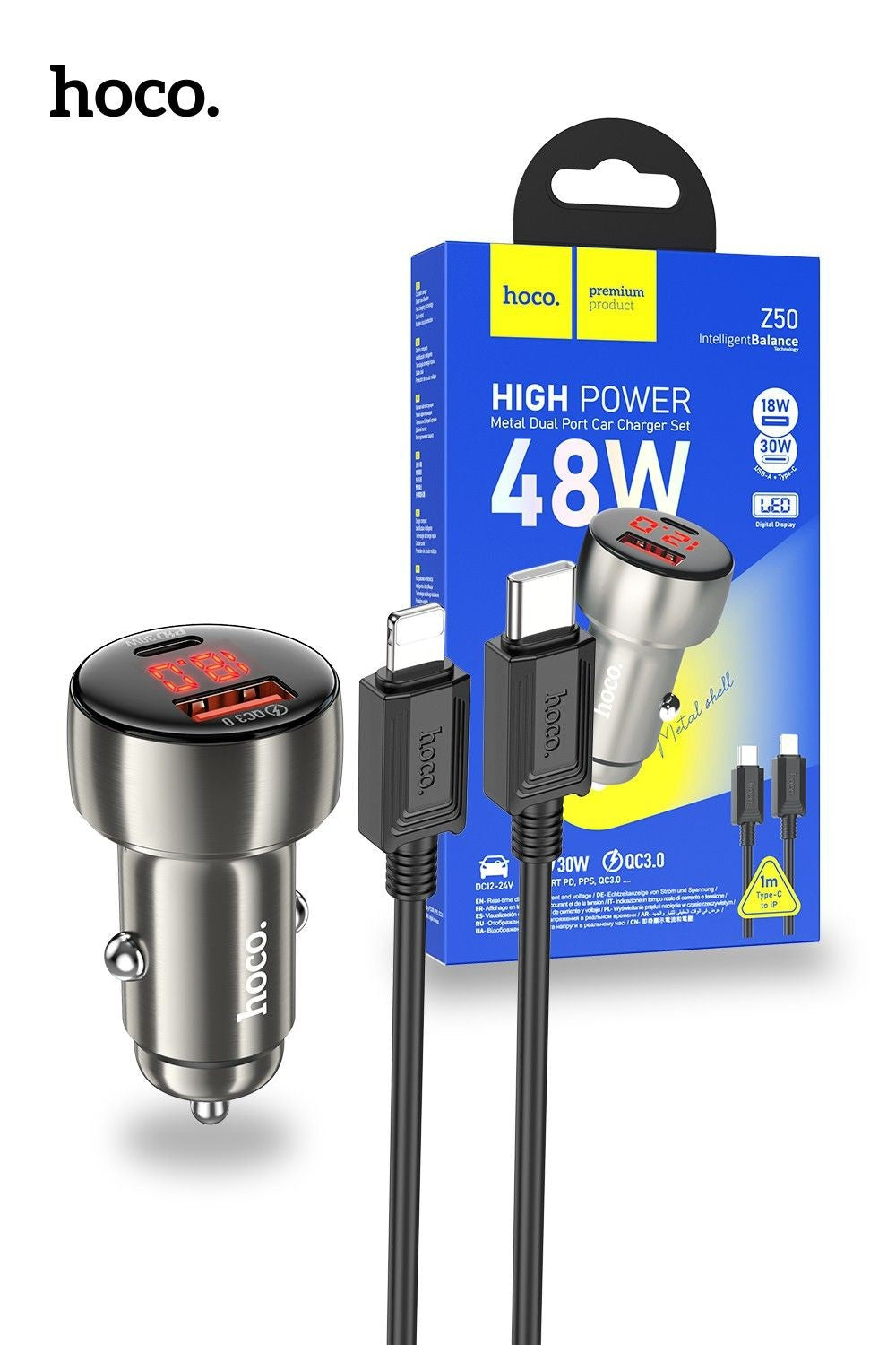 CARICABATTERIA DA AUTO HOCO USB-A + USB-C 48W + CAVO USB-C A LIGHTNING Z50 GRAY