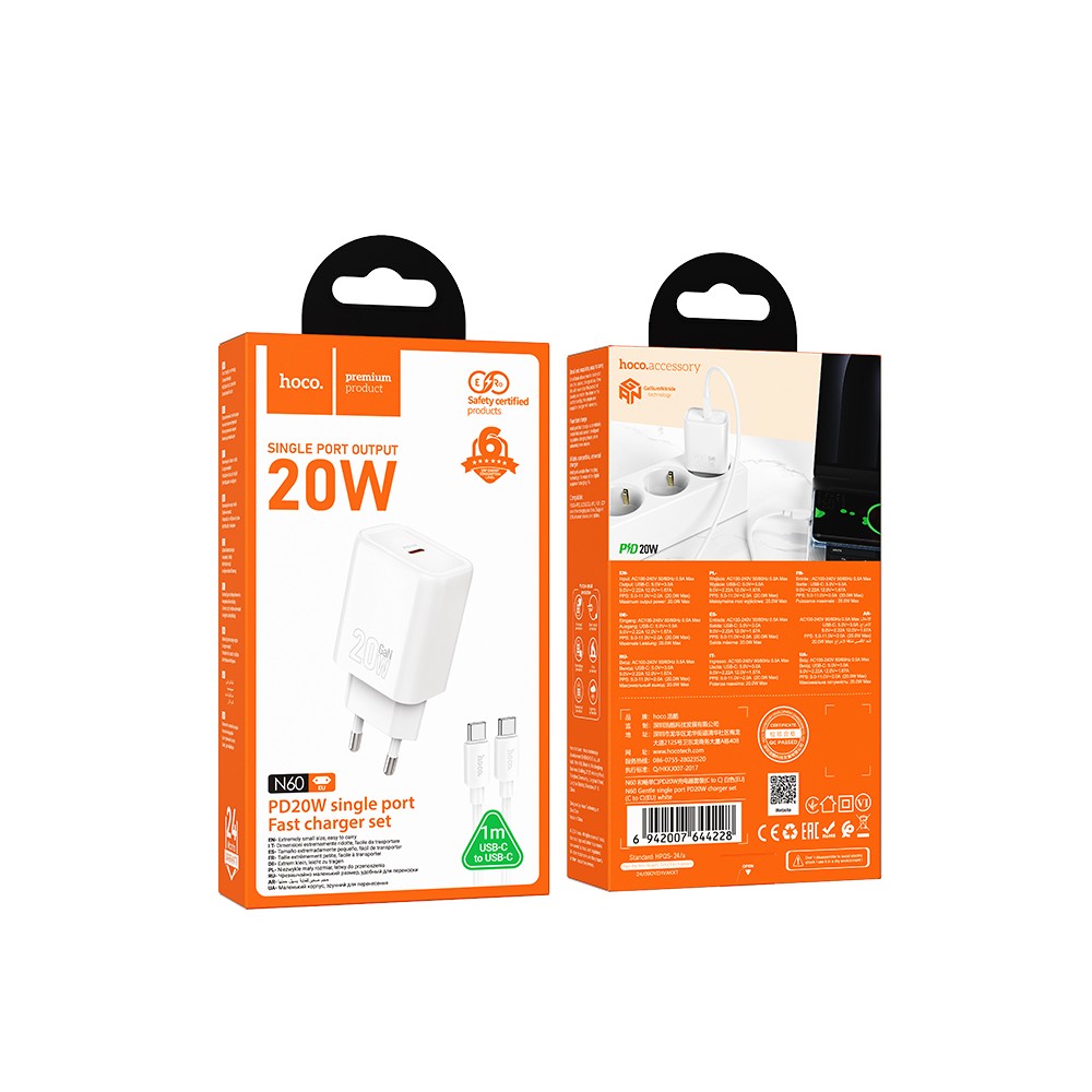 CARICABATTERIE DA RETE HOCO 20W USB-C + CAVO USB-C A USB-C N60 BIANCO