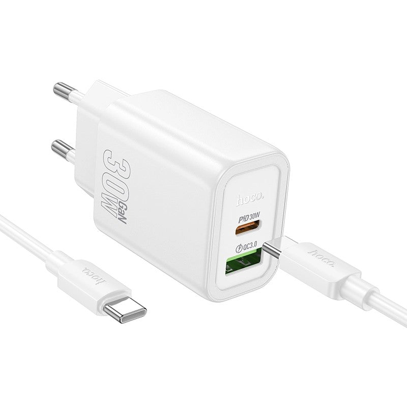 CARICABATTERIE DA RETE HOCO FAST CHARGE 30W USB-C + USB-A N63 BIANCO
